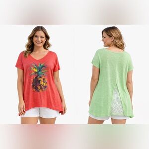 TWO! Leoma Lovegrove XXXL Tunic Top Bundle Pineapple Flamingo Sheer Lace Back